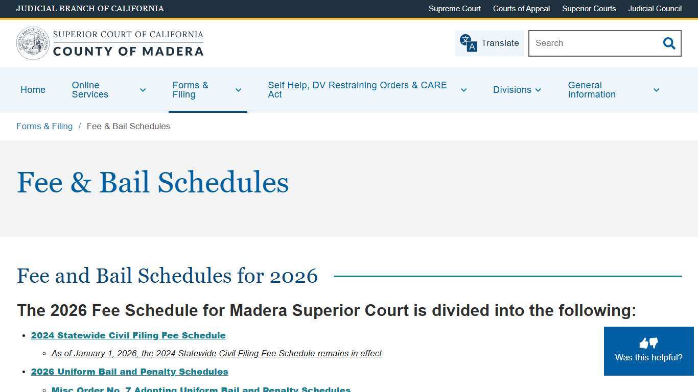 Fee & Bail Schedules Superior Court of California County of Madera