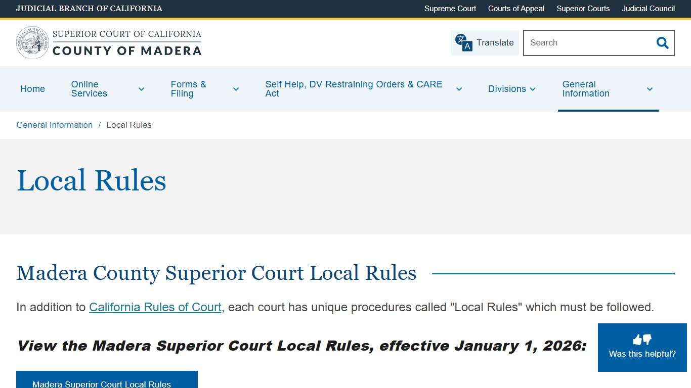 Local Rules Superior Court of California County of Madera