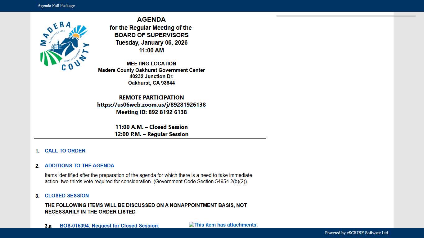Board of Supervisors - Regular Meeting - January 06, 2026